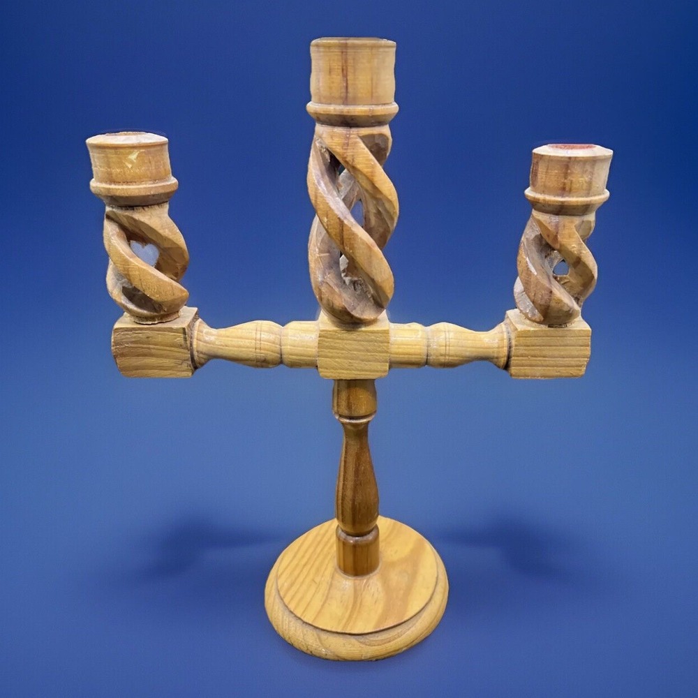 Hand Carved Spiral Wooden Candelabra 10" Tall - 3 Candle Vintage Decorative